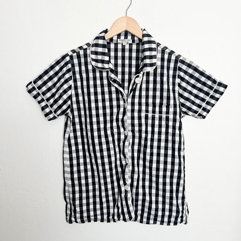 SERENA & LILY Shirt Small Black Gingham Checkered Button Down Short Sleeve Top